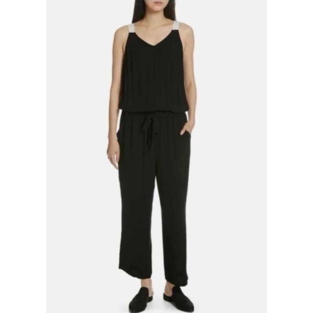 NWT Eileen‎ Fisher 100% Silk Georgette Crepe V Neck Jumpsuit Sz L Black